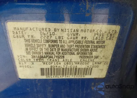 2010 Nissan Sentra 2.0Sr from USA, damaged, VIN 3N1AB6AP3AL715228